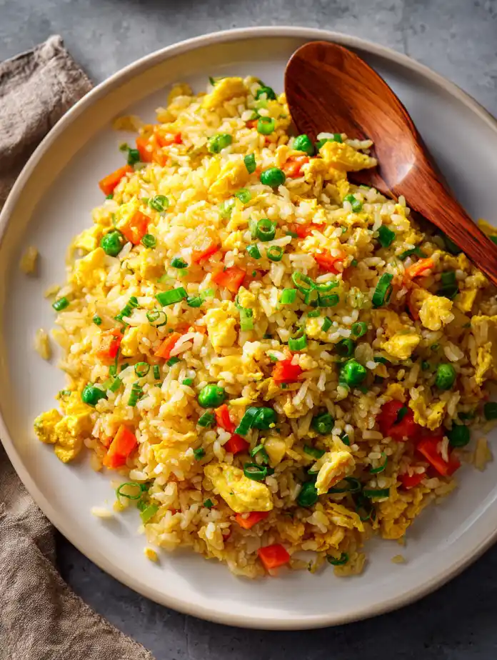 Serving of Benihana fried rice on a white plate.