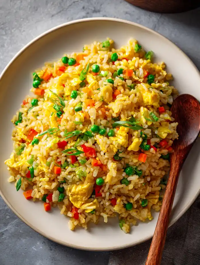 Close-up of Benihana fried rice showing fluffy rice, vegetables, and egg.