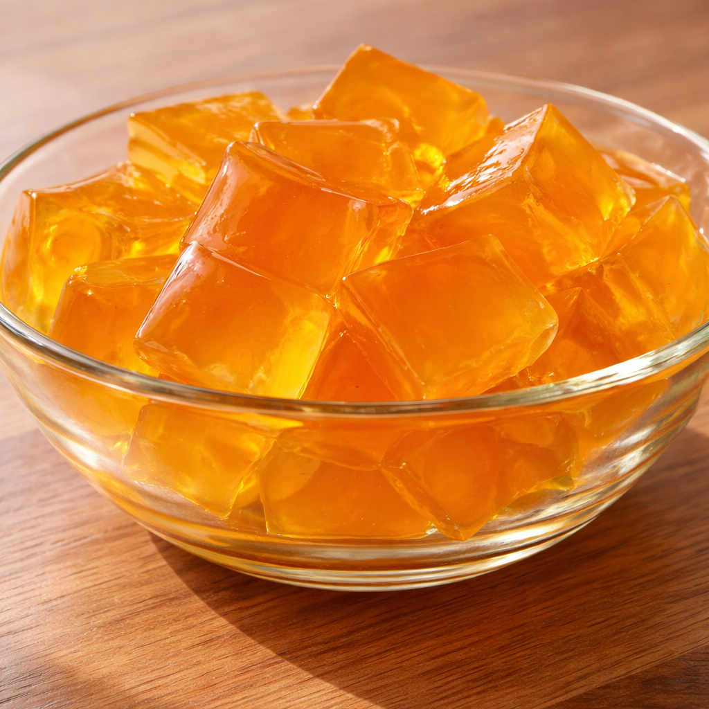 Viral gelatin trick recipe in a glass jar showing the jiggly, amber-colored gel made with 3 ingredients for weight loss