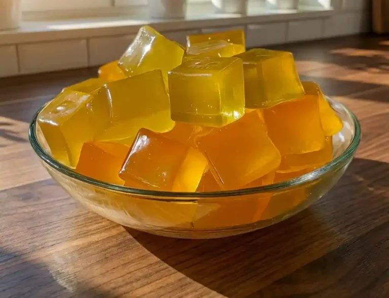 Viral gelatin trick recipe in a glass jar showing the jiggly, amber-colored gel made with 3 ingredients for weight loss